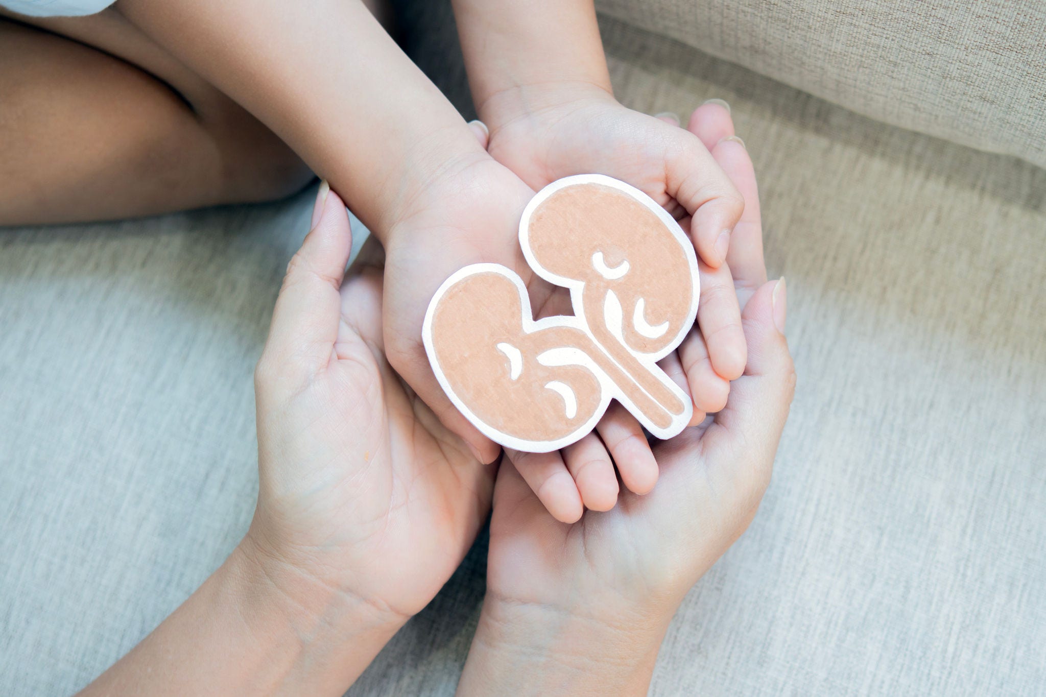 Parent and son holding kidney shaped paper