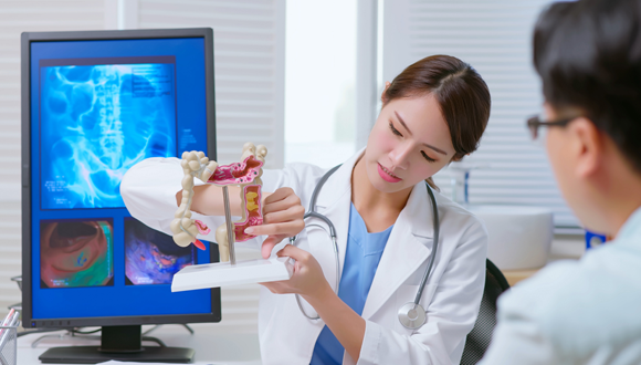 Doctor showing a patient a colon anatomy model.