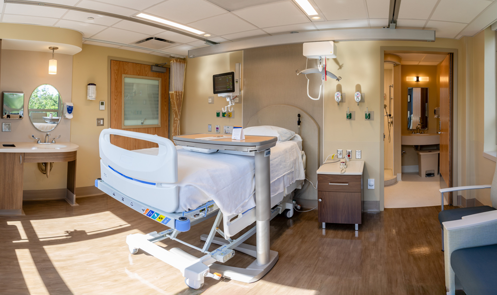 A patient room at FM Kirby Foundation Neuroscience Center at Overlook Medical Center