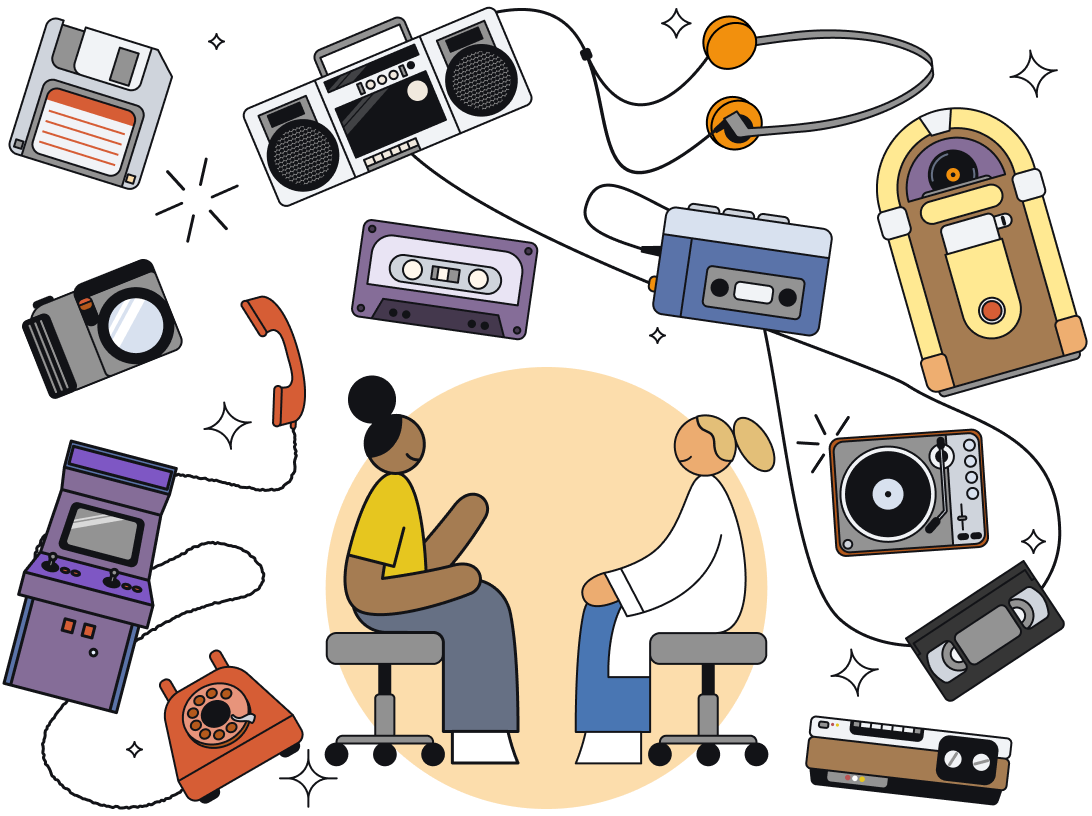 An image of familiar items from the 80s and 90s.